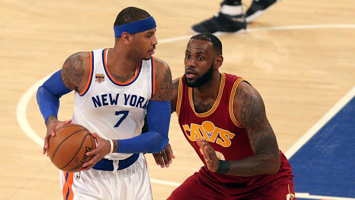 Dec 7, 2016; New York, NY, USA; New York Knicks small forward Carmelo Anthony (7) controls the ball against Cleveland Cavaliers small forward LeBron James (23) during the first quarter at Madison Square Garden. Mandatory Credit: Brad Penner-Imagn Images Dec 7, 2016; New York, NY, USA; New York Knicks small forward Carmelo Anthony (7) controls the ball against Cleveland Cavaliers small forward LeBron James (23) during the first quarter at Madison Square Garden. Mandatory Credit: Brad Penner-Imagn Images