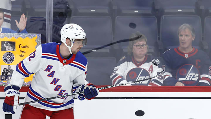 Oct 30, 2023; Winnipeg, Manitoba, CAN; New York Rangers center Filip Chytil (72) puck juggles before