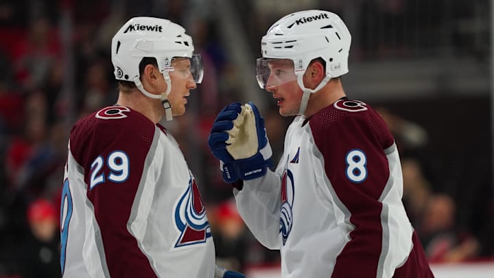 Nathan MacKinnon (29) & Cale Makar (8) of the Colorado Avalanche