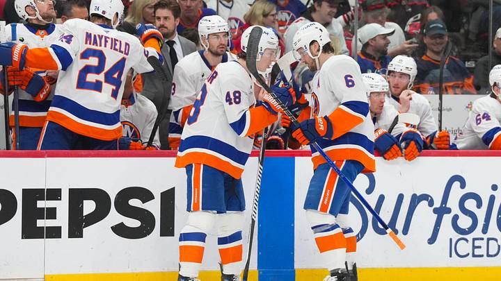Apr 4, 2026; Raleigh, North Carolina, USA; New York Islanders defenseman Matthew Schaefer (48) and defenseman Ryan Pulock (6) get ready for the start of the game against the Carolina Hurricanes at Lenovo Center. Mandatory Credit: James Guillory-Imagn Images Apr 4, 2026; Raleigh, North Carolina, USA; New York Islanders defenseman Matthew Schaefer (48) and defenseman Ryan Pulock (6) get ready for the start of the game against the Carolina Hurricanes at Lenovo Center. Mandatory Credit: James Guillory-Imagn Images