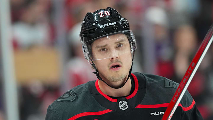 Jan 1, 2026; Raleigh, North Carolina, USA;  Carolina Hurricanes center Sebastian Aho (20) looks on during the warmups before the game against the Montréal Canadiens at Lenovo Center. Mandatory Credit: James Guillory-Imagn Images