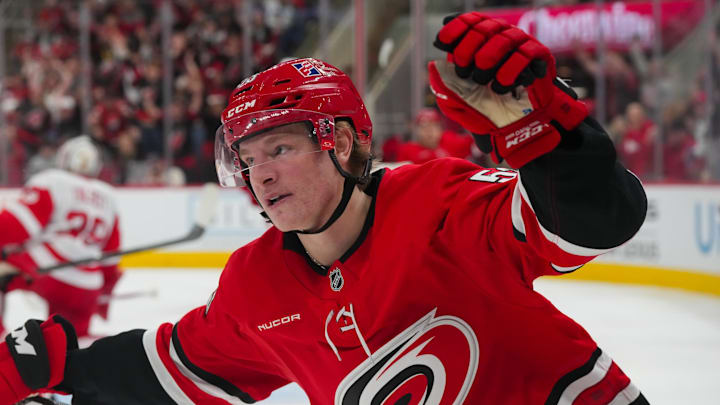 Feb 28, 2026; Raleigh, North Carolina, USA;  Carolina Hurricanes right wing Jackson Blake (53) celebrates his goal against the Detroit Red Wings during the third period at Lenovo Center. Mandatory Credit: James Guillory-Imagn Images