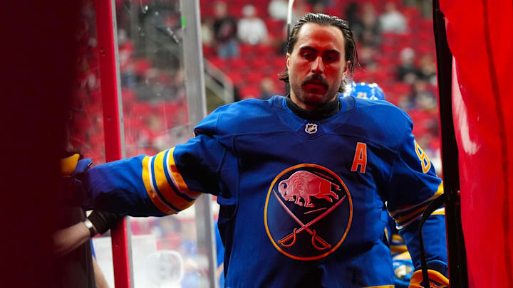 Nov 8, 2025; Raleigh, North Carolina, USA;  Buffalo Sabres right wing Alex Tuch (89) comes off the ice after the warmups before the game against the Carolina Hurricanes at Lenovo Center. Mandatory Credit: James Guillory-Imagn Images