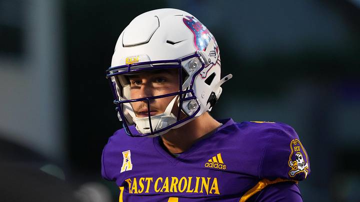 Sep 25, 2025; Greenville, North Carolina, USA;  East Carolina Pirates quarterback Katin Houser (4) looks on during the warmups before the game against the Army Black Knights at Dowdy-Ficklen Stadium. Mandatory Credit: James Guillory-Imagn Images