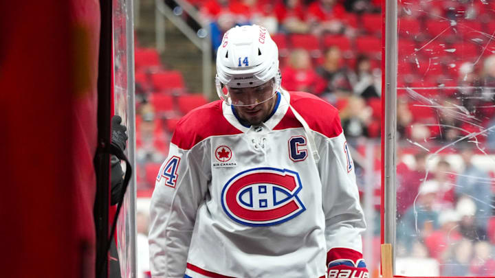 Mar 29, 2026; Raleigh, North Carolina, USA; Montreal Canadiens center Nick Suzuki (14) comes off the ice after the warm-ups before the game against the Carolina Hurricanes at Lenovo Center. Mandatory Credit: James Guillory-Imagn Images Mar 29, 2026; Raleigh, North Carolina, USA; Montreal Canadiens center Nick Suzuki (14) comes off the ice after the warm-ups before the game against the Carolina Hurricanes at Lenovo Center. Mandatory Credit: James Guillory-Imagn Images