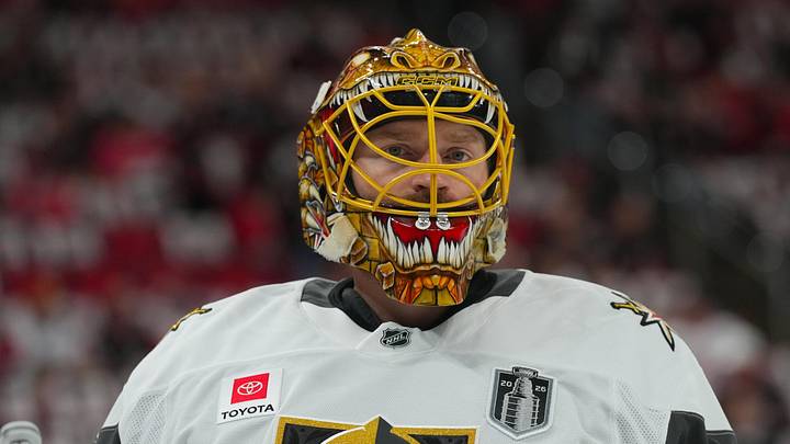 Jun 4, 2026; Raleigh, North Carolina, USA; Vegas Golden Knights goaltender Adin Hill (33) looks on against the Carolina Hurricanes during the warmups before the game in game two of the 2026 Stanley Cup Final at Lenovo Center. Mandatory Credit: James Guillory-Imagn Images