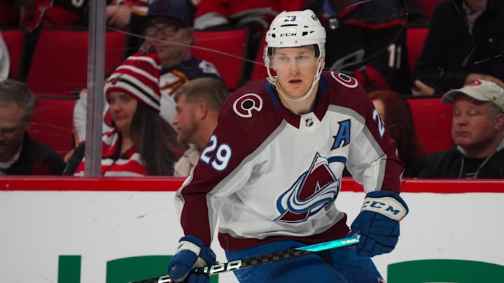 Feb 8, 2024; Raleigh, North Carolina, USA; Colorado Avalanche center Nathan MacKinnon (29) skates