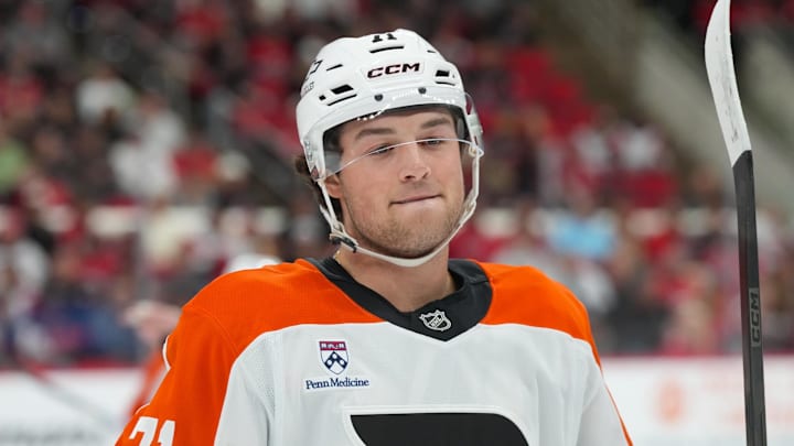 Oct 11, 2025; Raleigh, North Carolina, USA; Philadelphia Flyers right wing Tyson Foerster (71) looks on against the Carolina Hurricanes during the first period at Lenovo Center. Oct 11, 2025; Raleigh, North Carolina, USA; Philadelphia Flyers right wing Tyson Foerster (71) looks on against the Carolina Hurricanes during the first period at Lenovo Center.