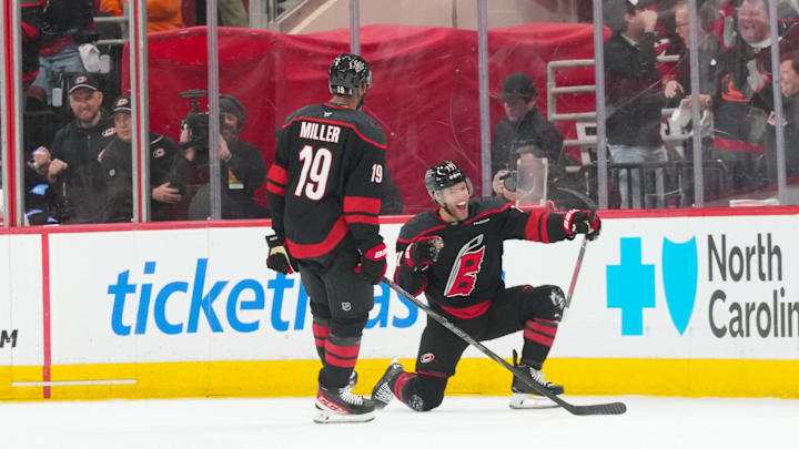 May 4, 2026; Raleigh, North Carolina, USA; Carolina Hurricanes left wing Taylor Hall (71) celebrates his game winning goal against the Philadelphia Flyers in the first overtime in game two of the second round of the 2026 Stanley Cup Playoffs at Lenovo Center. Mandatory Credit: James Guillory-Imagn Images