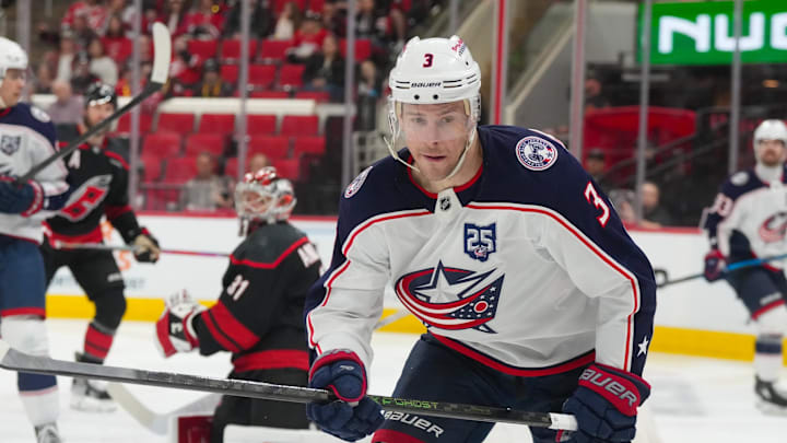 Apr 2, 2026; Raleigh, North Carolina, USA;  Columbus Blue Jackets center Charlie Coyle (3) skates against the Carolina Hurricanes during the second period at Lenovo Center. Mandatory Credit: James Guillory-Imagn Images