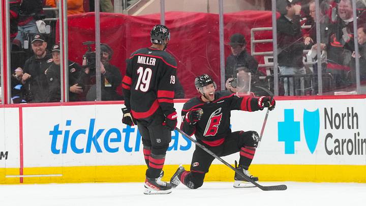May 4, 2026; Raleigh, North Carolina, USA; Carolina Hurricanes left wing Taylor Hall (71) celebrates his game winning goal against the Philadelphia Flyers in the first overtime in game two of the second round of the 2026 Stanley Cup Playoffs at Lenovo Center. Mandatory Credit: James Guillory-Imagn Images