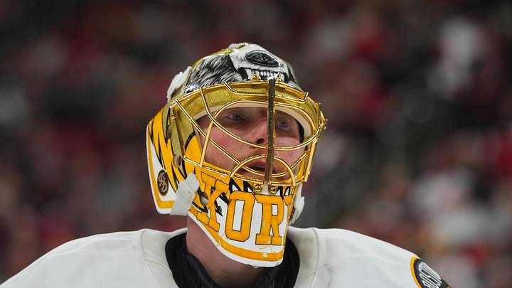 Apr 7, 2026; Raleigh, North Carolina, USA;  Boston Bruins goaltender Joonas Korpisalo (70) looks on against the Carolina Hurricanes during the third period at Lenovo Center. Mandatory Credit: James Guillory-Imagn Images