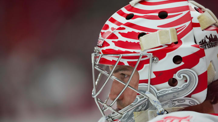 Feb 28, 2026; Raleigh, North Carolina, USA;  Detroit Red Wings goaltender John Gibson (36) looks on during the warmups before the game against the Carolina Hurricanes at Lenovo Center. Mandatory Credit: James Guillory-Imagn Images