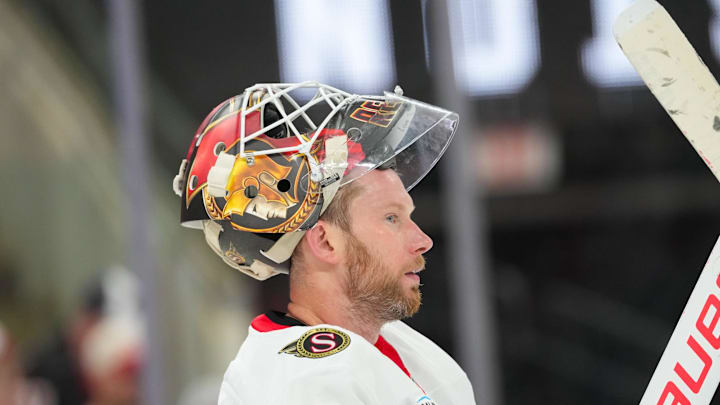 Feb 3, 2026; Raleigh, North Carolina, USA;  Ottawa Senators goaltender James Reimer (47) looks on against the Carolina Hurricanes during the third period at Lenovo Center. Mandatory Credit: James Guillory-Imagn Images
