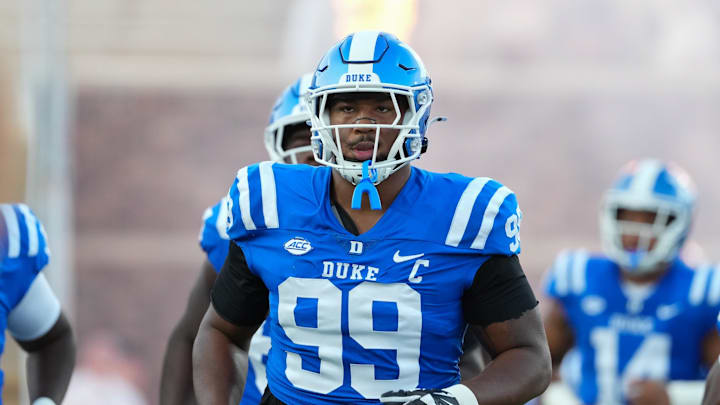Aug 28, 2025; Durham, North Carolina, USA; Duke Blue Devils defensive tackle Aaron Hall (99) comes out onto the field before the start of the game against the Elon Phoenix at Wallace Wade Stadium. Mandatory Credit: James Guillory-Imagn Images Aug 28, 2025; Durham, North Carolina, USA; Duke Blue Devils defensive tackle Aaron Hall (99) comes out onto the field before the start of the game against the Elon Phoenix at Wallace Wade Stadium. Mandatory Credit: James Guillory-Imagn Images