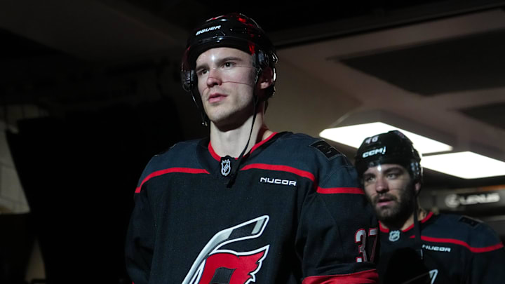 Nov 14, 2025; Raleigh, North Carolina, USA;  Carolina Hurricanes right wing Andrei Svechnikov (37) comes out of the locker room for the start of the game against the Vancouver Canucks at Lenovo Center. Mandatory Credit: James Guillory-Imagn Images