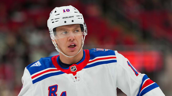 Nov 26, 2025; Raleigh, North Carolina, USA; New York Rangers left wing Artemi Panarin (10) looks on during warmups before the game against the Carolina Hurricanes at Lenovo Center. Mandatory Credit: James Guillory-Imagn Images Nov 26, 2025; Raleigh, North Carolina, USA; New York Rangers left wing Artemi Panarin (10) looks on during warmups before the game against the Carolina Hurricanes at Lenovo Center. Mandatory Credit: James Guillory-Imagn Images