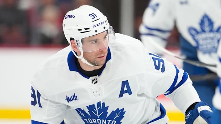 Dec 4, 2025; Raleigh, North Carolina, USA; Toronto Maple Leafs center John Tavares (91) watched the play against the Carolina Hurricanes during the third period at Lenovo Center. Mandatory Credit: James Guillory-Imagn Images