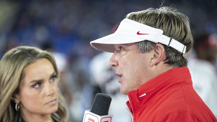 Sep 14, 2024; Lexington, Kentucky, USA; Georgia Bulldogs head coach Kirby Smart is interviewed at the end of the game against the Kentucky Wildcats at Kroger Field. Mandatory Credit: Tanner Pearson-Imagn Images Sep 14, 2024; Lexington, Kentucky, USA; Georgia Bulldogs head coach Kirby Smart is interviewed at the end of the game against the Kentucky Wildcats at Kroger Field. Mandatory Credit: Tanner Pearson-Imagn Images