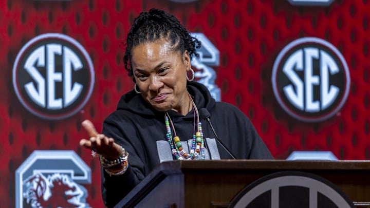 Oct 16, 2024; Birmingham, AL, USA; South Carolina Gamecocks head coach Dawn Staley talks with the media during SEC Media Days at Grand Bohemian Hotel. Mandatory Credit: Vasha Hunt-Imagn Images