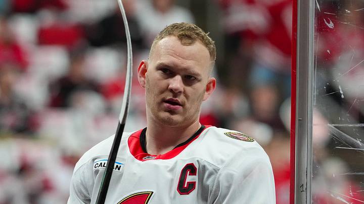 Apr 20, 2026; Raleigh, North Carolina, USA; Ottawa Senators left wing Brady Tkachuk (7) comes off the ice after the warmups before the game against the Carolina Hurricanes in game two of the first round of the 2026 Stanley Cup Playoffs at Lenovo Center. Mandatory Credit: James Guillory-Imagn Images