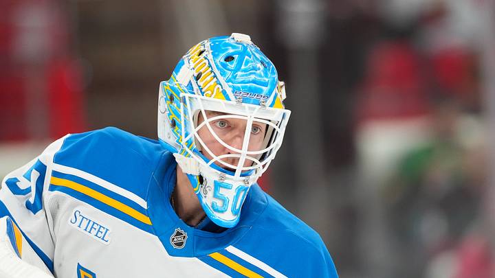Mar 12, 2026; Raleigh, North Carolina, USA;  St. Louis Blues goaltender Jordan Binnington (50) looks on during the warmups before the game against the Carolina Hurricanes at Lenovo Center. Mandatory Credit: James Guillory-Imagn Images