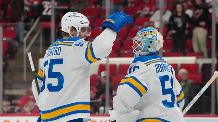 Mar 12, 2026; Raleigh, North Carolina, USA;  St. Louis Blues goaltender Jordan Binnington (50) and defenseman Colton Parayko (55) celebrate their victory against the Carolina Hurricanes at Lenovo Center. Mandatory Credit: James Guillory-Imagn Images