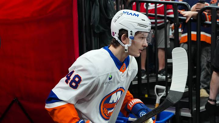 Apr 4, 2026; Raleigh, North Carolina, USA;  New York Islanders defenseman Matthew Schaefer (48) goes out onto the ice for the warmups before the game against the Carolina Hurricanes at Lenovo Center. Mandatory Credit: James Guillory-Imagn Images