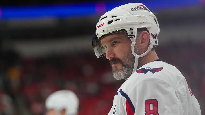 Oct 2, 2026; Raleigh, North Carolina, USA;  Washington Capitals left wing Alex Ovechkin (8) looks on against the Carolina Hurricanes during the second period at Lenovo Center.  Mandatory Credit: James Guillory-Imagn Images