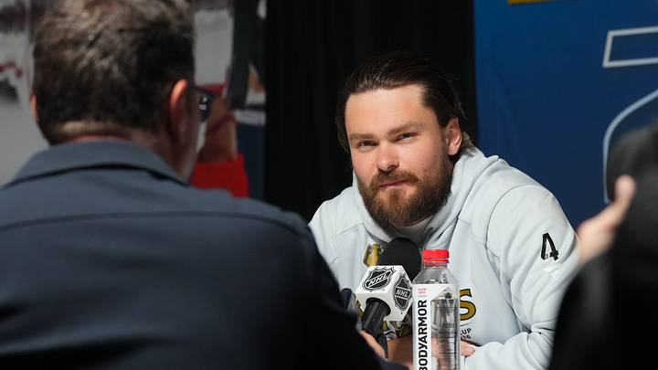 Jun 1, 2026; Raleigh, North Carolina, USA; Vegas Golden Knights defenseman Rasmus Andersson (4) during media day for the 2026 Stanley Cup Final at Lenovo Center. Mandatory Credit: James Guillory-Imagn Images Jun 1, 2026; Raleigh, North Carolina, USA; Vegas Golden Knights defenseman Rasmus Andersson (4) during media day for the 2026 Stanley Cup Final at Lenovo Center. Mandatory Credit: James Guillory-Imagn Images
