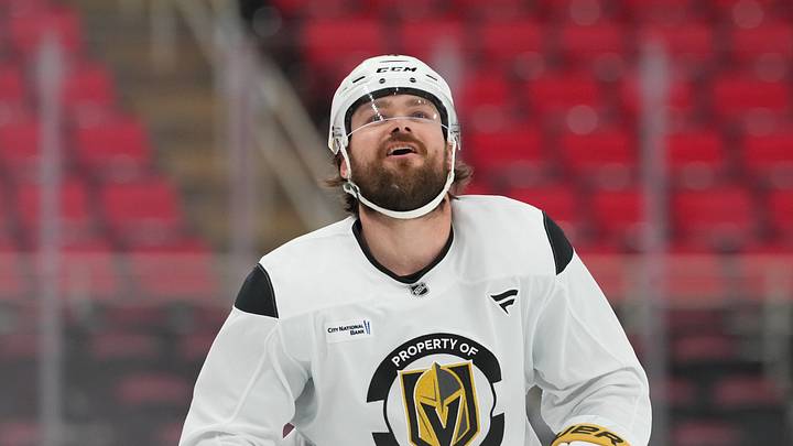 Jun 1, 2026; Raleigh, North Carolina, USA; Vegas Golden Knights defenseman Rasmus Andersson (4) reacts during the practice during media day for the 2026 Stanley Cup Final at Lenovo Center. Mandatory Credit: James Guillory-Imagn Images Jun 1, 2026; Raleigh, North Carolina, USA; Vegas Golden Knights defenseman Rasmus Andersson (4) reacts during the practice during media day for the 2026 Stanley Cup Final at Lenovo Center. Mandatory Credit: James Guillory-Imagn Images