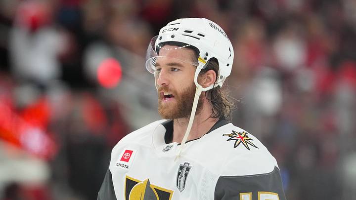 Jun 4, 2026; Raleigh, North Carolina, USA; Vegas Golden Knights defenseman Noah Hanifin (15) looks on against the Carolina Hurricanes during the third period in game two of the 2026 Stanley Cup Final at Lenovo Center. Mandatory Credit: James Guillory-Imagn Images Jun 4, 2026; Raleigh, North Carolina, USA; Vegas Golden Knights defenseman Noah Hanifin (15) looks on against the Carolina Hurricanes during the third period in game two of the 2026 Stanley Cup Final at Lenovo Center. Mandatory Credit: James Guillory-Imagn Images