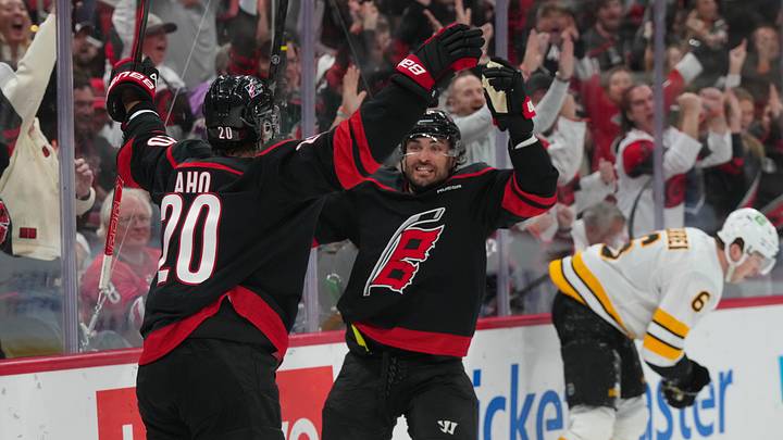 Oct 27, 2026; Raleigh, North Carolina, USA; Carolina Hurricanes center Sebastian Aho (20) celebrates his goal with left wing William Carrier (28) against the Boston Bruins during the third period at Lenovo Center. Mandatory Credit: James Guillory-Imagn Images Oct 27, 2026; Raleigh, North Carolina, USA; Carolina Hurricanes center Sebastian Aho (20) celebrates his goal with left wing William Carrier (28) against the Boston Bruins during the third period at Lenovo Center. Mandatory Credit: James Guillory-Imagn Images