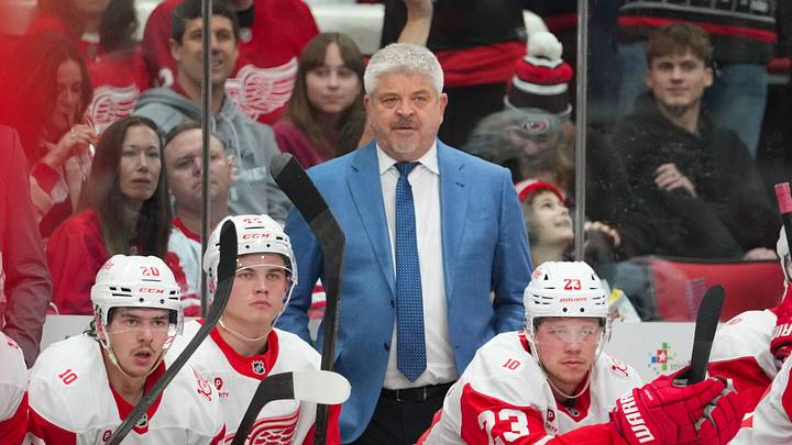 Feb 28, 2026; Raleigh, North Carolina, USA;  Detroit Red Wings head coach Todd McLellan looks on against the Carolina Hurricanes during the third period at Lenovo Center. Mandatory Credit: James Guillory-Imagn Images