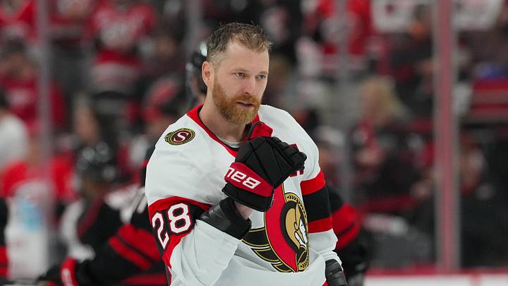 Apr 20, 2026; Raleigh, North Carolina, USA; Ottawa Senators right wing Claude Giroux (28) looks on during the  warmups before the game against the Carolina Hurricanes  in game two of the first round of the 2026 Stanley Cup Playoffs at Lenovo Center. Mandatory Credit: James Guillory-Imagn Images