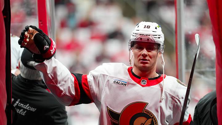 Apr 20, 2026; Raleigh, North Carolina, USA; Ottawa Senators center Tim Stützle (18) comes off the ice after the warmups before the game against the Carolina Hurricanes in game two of the first round of the 2026 Stanley Cup Playoffs at Lenovo Center. Mandatory Credit: James Guillory-Imagn Images