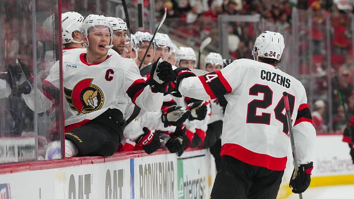 Apr 20, 2026; Raleigh, North Carolina, USA; Ottawa Senators center Dylan Cozens (24) is congratulated by left wing Brady Tkachuk (7) after his goal against the Carolina Hurricanes during the second period in game two of the first round of the 2026 Stanley Cup Playoffs at Lenovo Center. Mandatory Credit: James Guillory-Imagn Images Apr 20, 2026; Raleigh, North Carolina, USA; Ottawa Senators center Dylan Cozens (24) is congratulated by left wing Brady Tkachuk (7) after his goal against the Carolina Hurricanes during the second period in game two of the first round of the 2026 Stanley Cup Playoffs at Lenovo Center. Mandatory Credit: James Guillory-Imagn Images