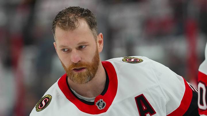 Apr 20, 2026; Raleigh, North Carolina, USA; Ottawa Senators right wing Claude Giroux (28) skates during the  warmups before the game against the Carolina Hurricanes  in game two of the first round of the 2026 Stanley Cup Playoffs at Lenovo Center. Mandatory Credit: James Guillory-Imagn Images