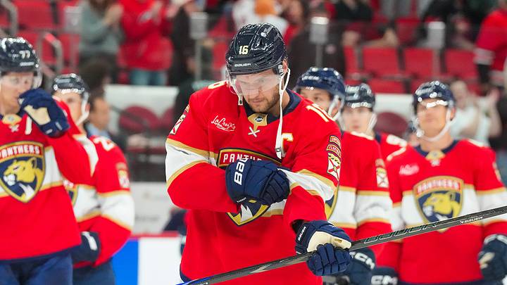 Sep 22, 2026; Raleigh, North Carolina, USA;  Florida Panthers center Aleksander Barkov (16) comes off the ice after the game against the Carolina Hurricanes at Lenovo Center.  Mandatory Credit: James Guillory-Imagn Images