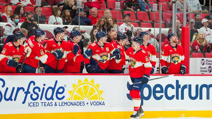 Sep 22, 2026; Raleigh, North Carolina, USA; Florida Panthers left wing Brady Tkachuk (8) celebrates his goal during the first period at Lenovo Center. Mandatory Credit: James Guillory-Imagn Images Sep 22, 2026; Raleigh, North Carolina, USA; Florida Panthers left wing Brady Tkachuk (8) celebrates his goal during the first period at Lenovo Center. Mandatory Credit: James Guillory-Imagn Images