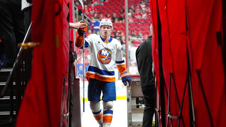 Apr 4, 2026; Raleigh, North Carolina, USA;  New York Islanders defenseman Matthew Schaefer (48) comes off the ice after the warmups before the start of the game against the Carolina Hurricanes at Lenovo Center. Mandatory Credit: James Guillory-Imagn Images