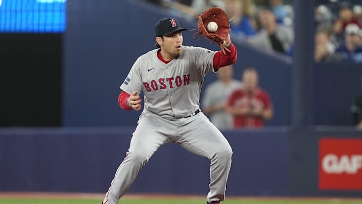 Sep 23, 2024; Toronto, Ontario, CAN; Boston Red Sox first baseman Triston Casas (36) fields a ground ball hit by Toronto Blue Jays right fielder George Springer (not pictured) during the first inning at Rogers Centre. Mandatory Credit: John E. Sokolowski-Imagn Images