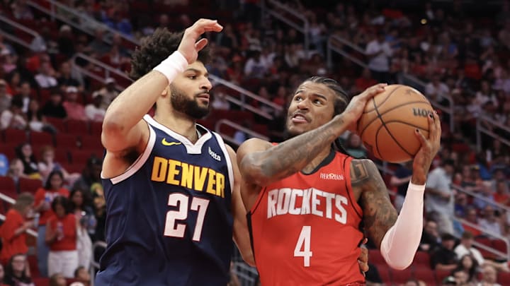 Apr 13, 2025; Houston, Texas, USA; Houston Rockets drives to the basket against Denver Nuggets guard Jamal Murray (27) in the first quarter at Toyota Center. Mandatory Credit: Thomas Shea-Imagn Images Apr 13, 2025; Houston, Texas, USA; Houston Rockets drives to the basket against Denver Nuggets guard Jamal Murray (27) in the first quarter at Toyota Center. Mandatory Credit: Thomas Shea-Imagn Images