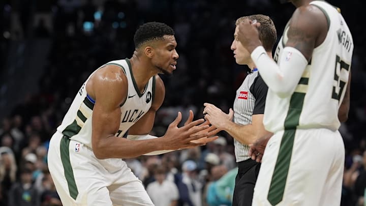 The Bucks' Giannis Antetokounmpo argues a call during Milwaukee's 115–114 loss to the Hornets on Nov. 16, 2024. The Bucks' Giannis Antetokounmpo argues a call during Milwaukee's 115–114 loss to the Hornets on Nov. 16, 2024.