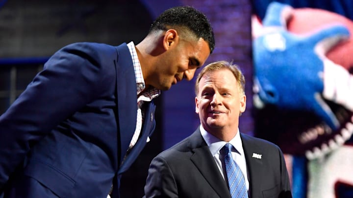 Titans quarterback Marcus Mariota stands on stage with NFL Commissioner Roger Goodell during the first round of the NFL Draft Thursday, April 25, 2019, in Nashville, Tenn.

Gw50475