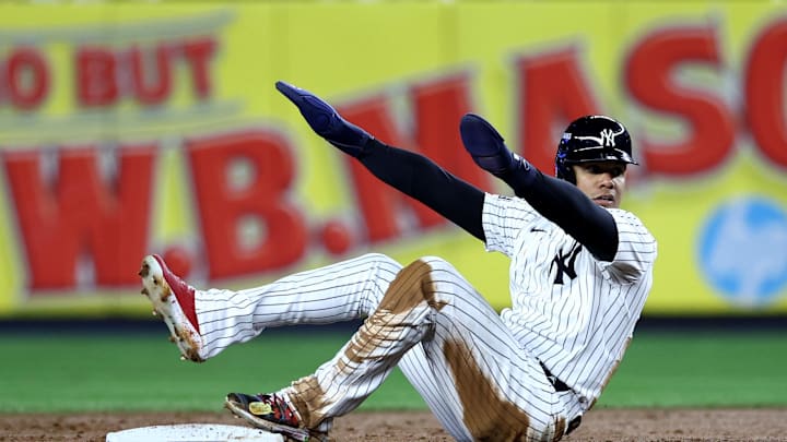 New York Yankees outfielder Juan Soto (22) reacts after being called out during the sixth inning against the Los Angeles Dodgers in game three of the 2024 MLB World Series at Yankee Stadium 