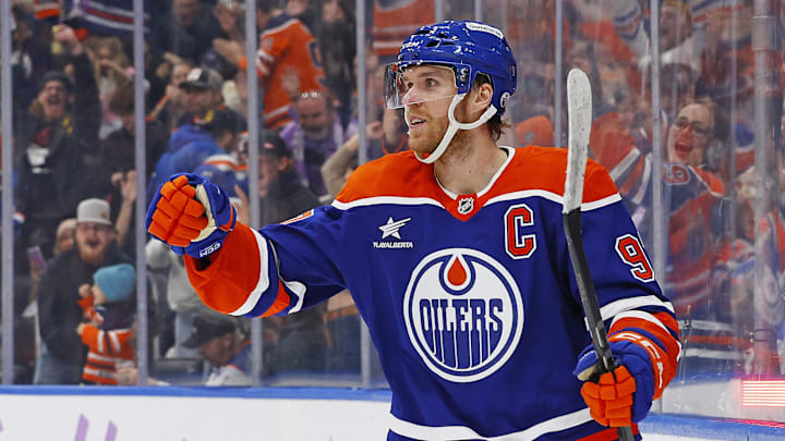 Nov 23, 2024; Edmonton, Alberta, CAN; Edmonton Oilers forward Connor McDavid (97) celebrates after scoring a goal during the third period against the New York Rangers at Rogers Place. Mandatory Credit: Perry Nelson-Imagn Images Nov 23, 2024; Edmonton, Alberta, CAN; Edmonton Oilers forward Connor McDavid (97) celebrates after scoring a goal during the third period against the New York Rangers at Rogers Place. Mandatory Credit: Perry Nelson-Imagn Images