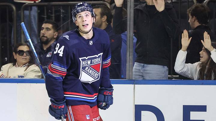 Oct 11, 2026; New York, New York, USA; New York Rangers right wing Gabe Perreault (94) reacts after scoring a goal in the third period against the Vancouver Canucks at Madison Square Garden. Mandatory Credit: Wendell Cruz-Imagn Images Oct 11, 2026; New York, New York, USA; New York Rangers right wing Gabe Perreault (94) reacts after scoring a goal in the third period against the Vancouver Canucks at Madison Square Garden. Mandatory Credit: Wendell Cruz-Imagn Images