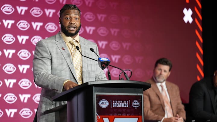 Jul 24, 2025; Charlotte, NC, USA;  Virginia Tech defensive linebacker Kelvin Gilliam Jr.answers questions from the media during ACC Media Days at Hilton Charlotte Uptown. Mandatory Credit: Jim Dedmon-Imagn Images