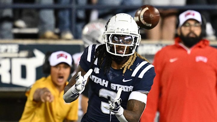 Oct 11, 2024; Logan, Utah, USA;  Utah State Aggies running back Rahsul Faison (3) catches a pass in the second half against the UNLV Rebels at Merlin Olsen Field at Maverik Stadium. Mandatory Credit: Jamie Sabau-Imagn Images